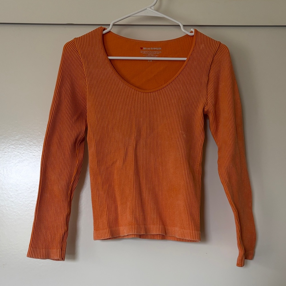 Ribbed Scoop Neck Long Sleeve Top - Orange